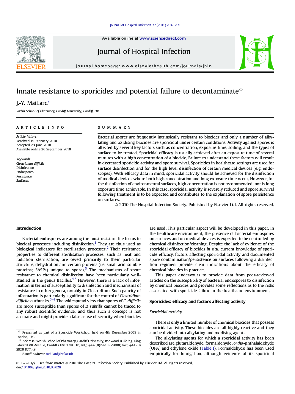 Innate resistance to sporicides and potential failure to decontaminate