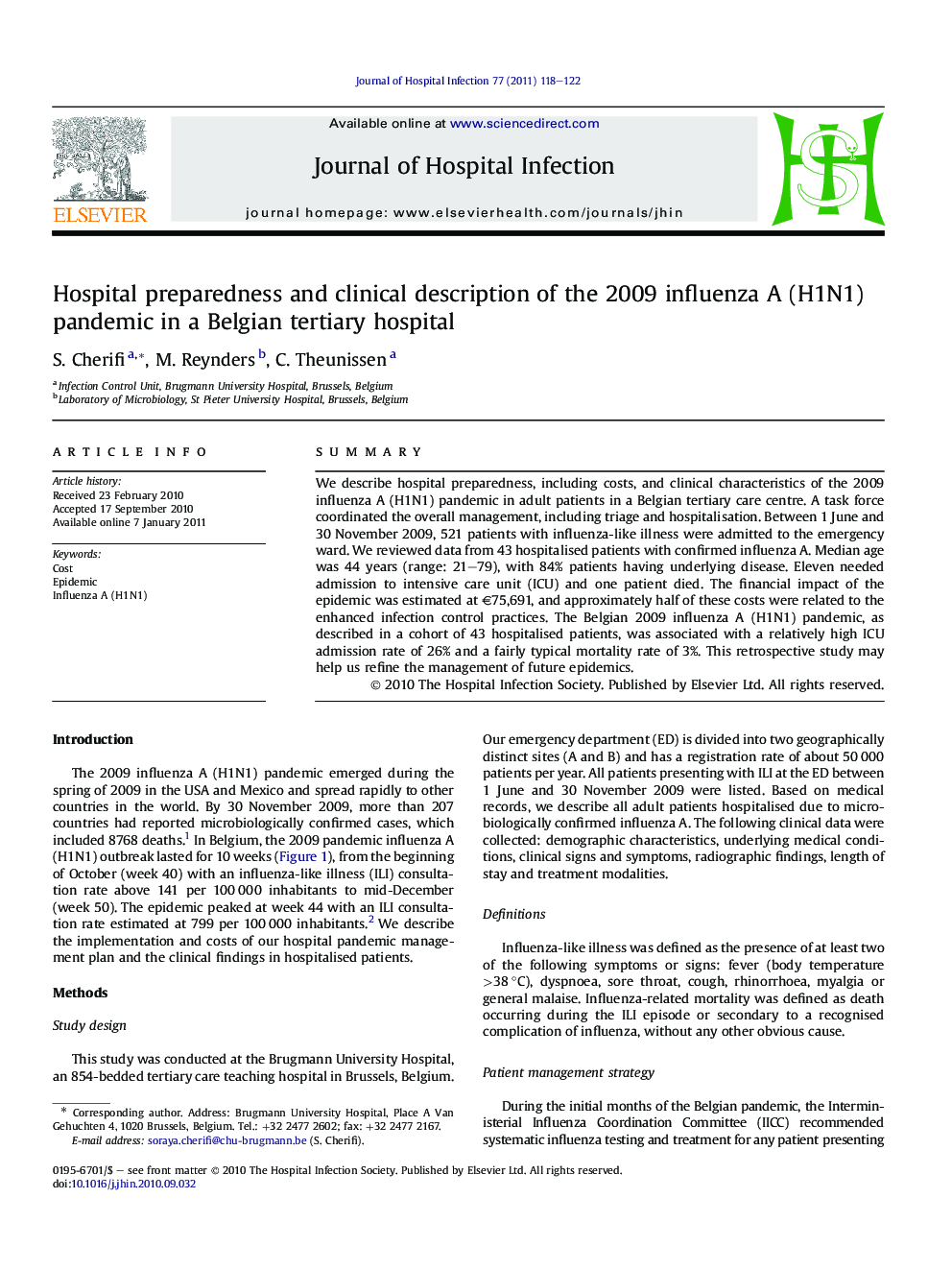 Hospital preparedness and clinical description of the 2009 influenza A (H1N1) pandemic in a Belgian tertiary hospital