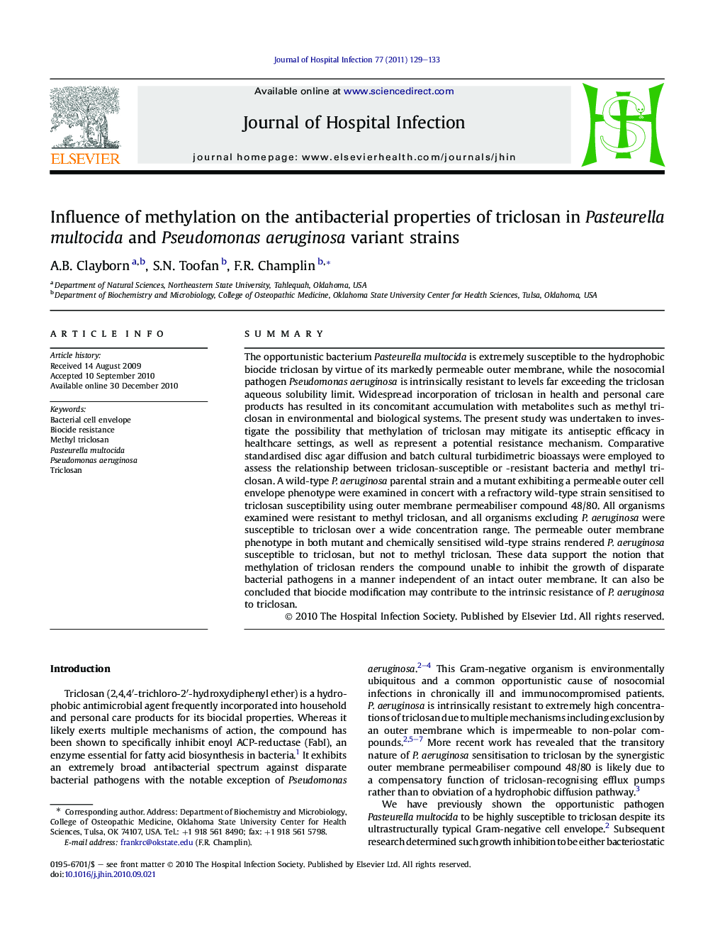 Influence of methylation on the antibacterial properties of triclosan in Pasteurella multocida and Pseudomonas aeruginosa variant strains