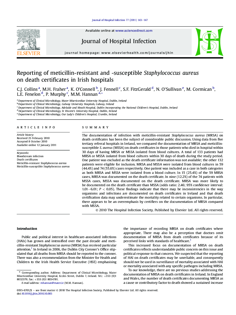 Reporting of meticillin-resistant and -susceptible Staphylococcus aureus on death certificates in Irish hospitals