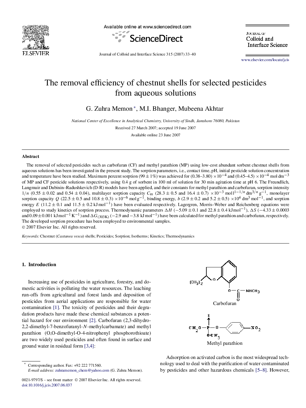 The removal efficiency of chestnut shells for selected pesticides from aqueous solutions