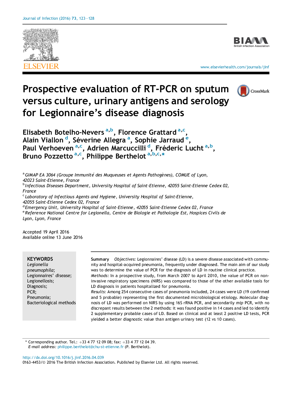 Prospective evaluation of RT-PCR on sputum versus culture, urinary antigens and serology for Legionnaire's disease diagnosis