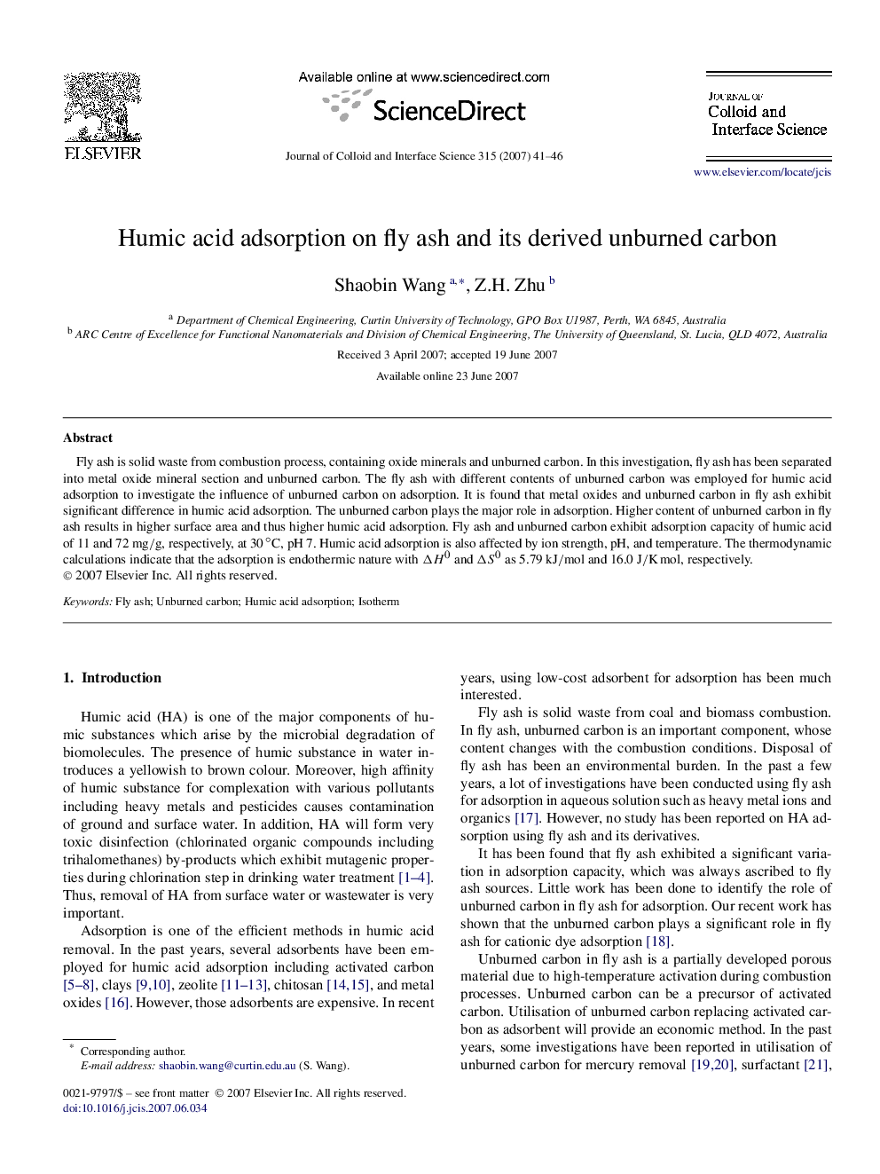 Humic acid adsorption on fly ash and its derived unburned carbon