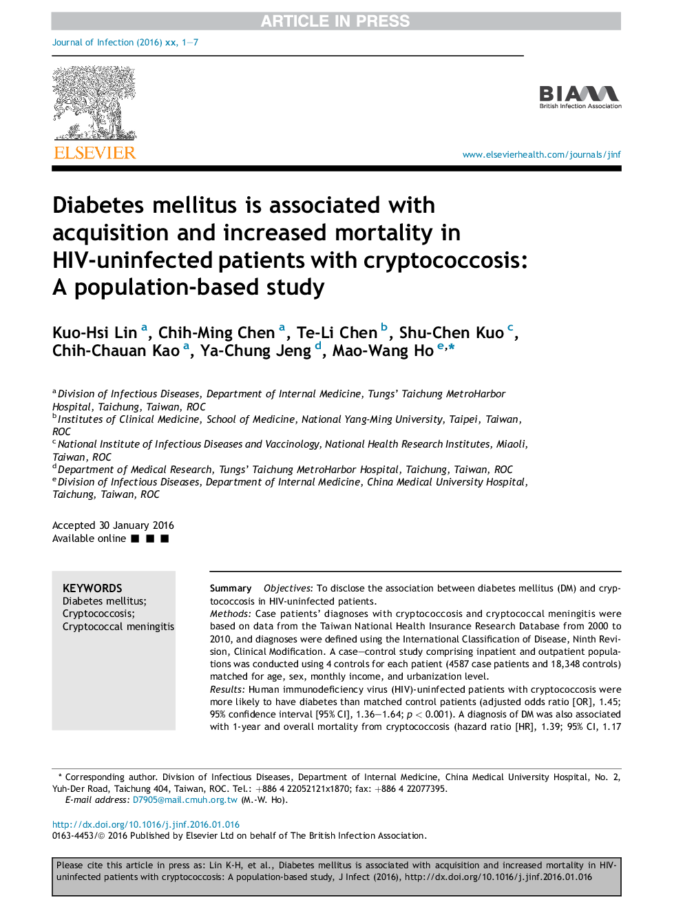 Diabetes mellitus is associated with acquisition and increased mortality in HIV-uninfected patients with cryptococcosis: A population-based study