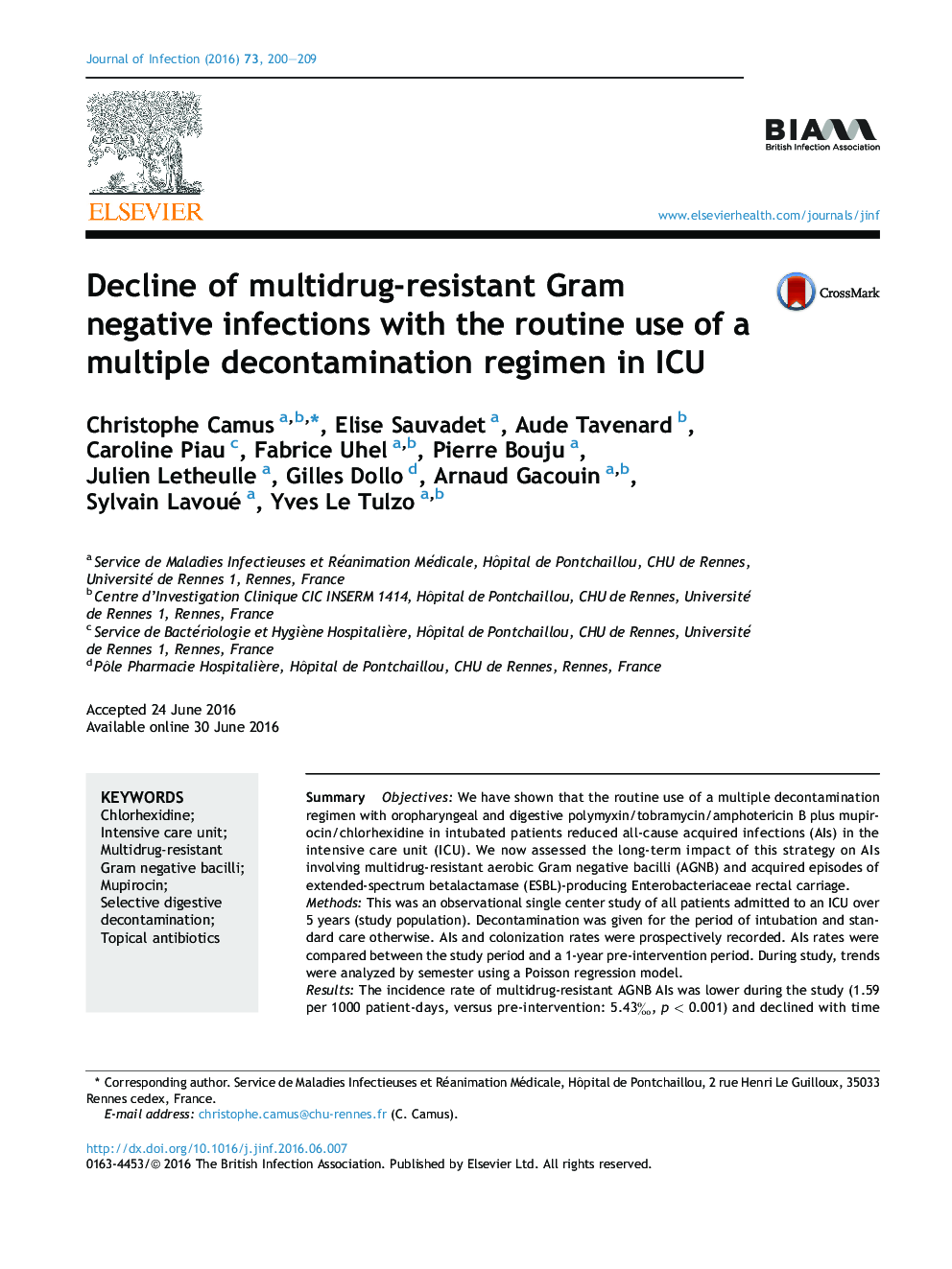 Decline of multidrug-resistant Gram negative infections with the routine use of a multiple decontamination regimen in ICU