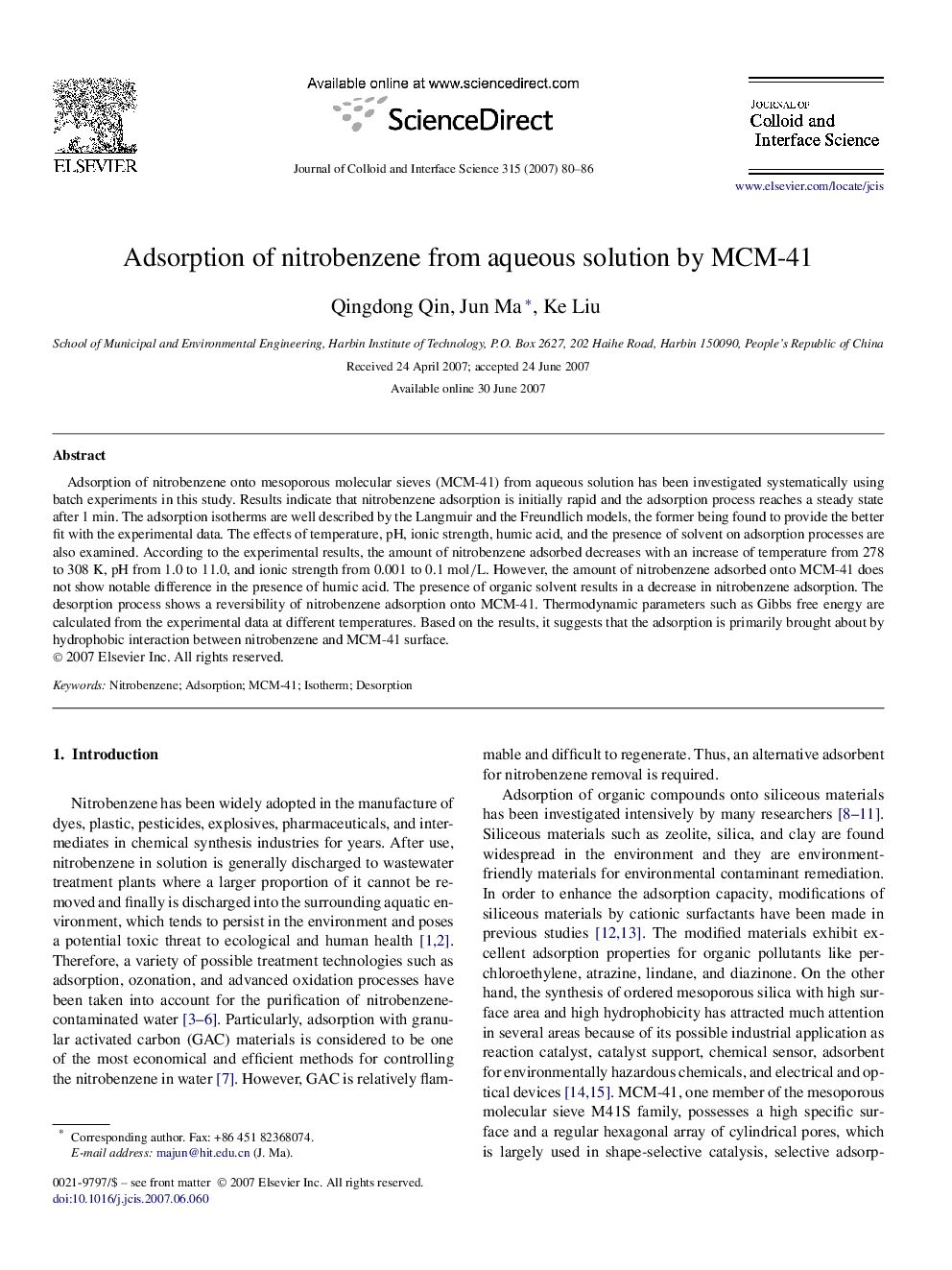 Adsorption of nitrobenzene from aqueous solution by MCM-41