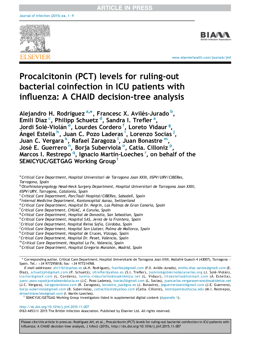 Procalcitonin (PCT) levels for ruling-out bacterial coinfection in ICU patients with influenza: A CHAID decision-tree analysis