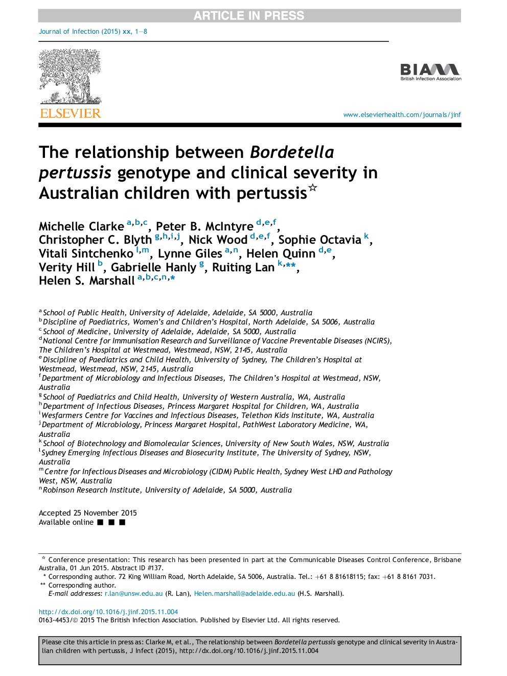 The relationship between Bordetella pertussis genotype and clinical severity in Australian children with pertussis