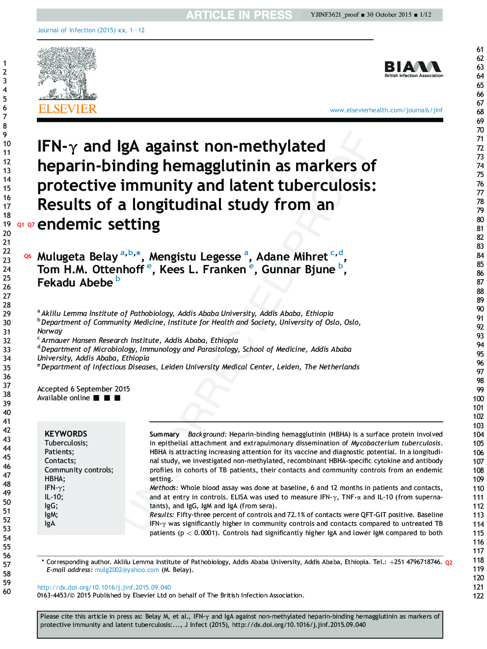 IFN-Î³ and IgA against non-methylated heparin-binding hemagglutinin as markers of protective immunity and latent tuberculosis: Results of a longitudinal study from an endemic setting