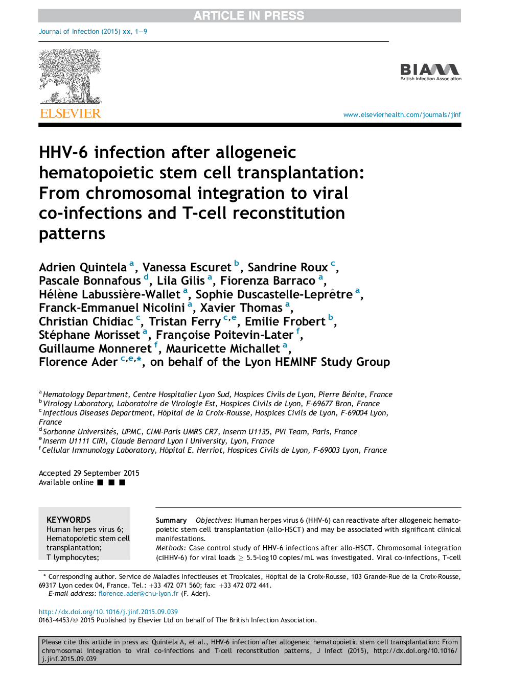 HHV-6 infection after allogeneic hematopoietic stem cell transplantation: From chromosomal integration to viral co-infections and T-cell reconstitution patterns