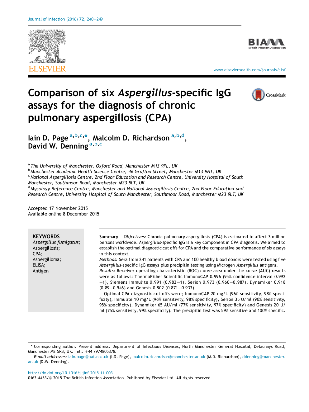 Comparison of six Aspergillus-specific IgG assays for the diagnosis of chronic pulmonary aspergillosis (CPA)