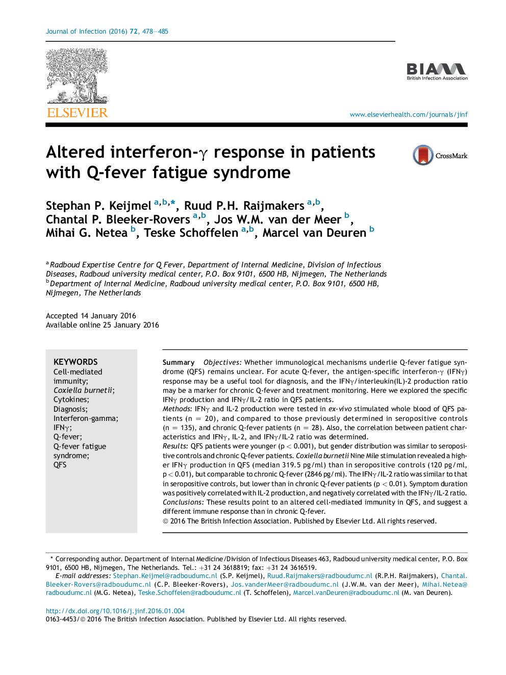 Altered interferon-Î³ response in patients with Q-fever fatigue syndrome