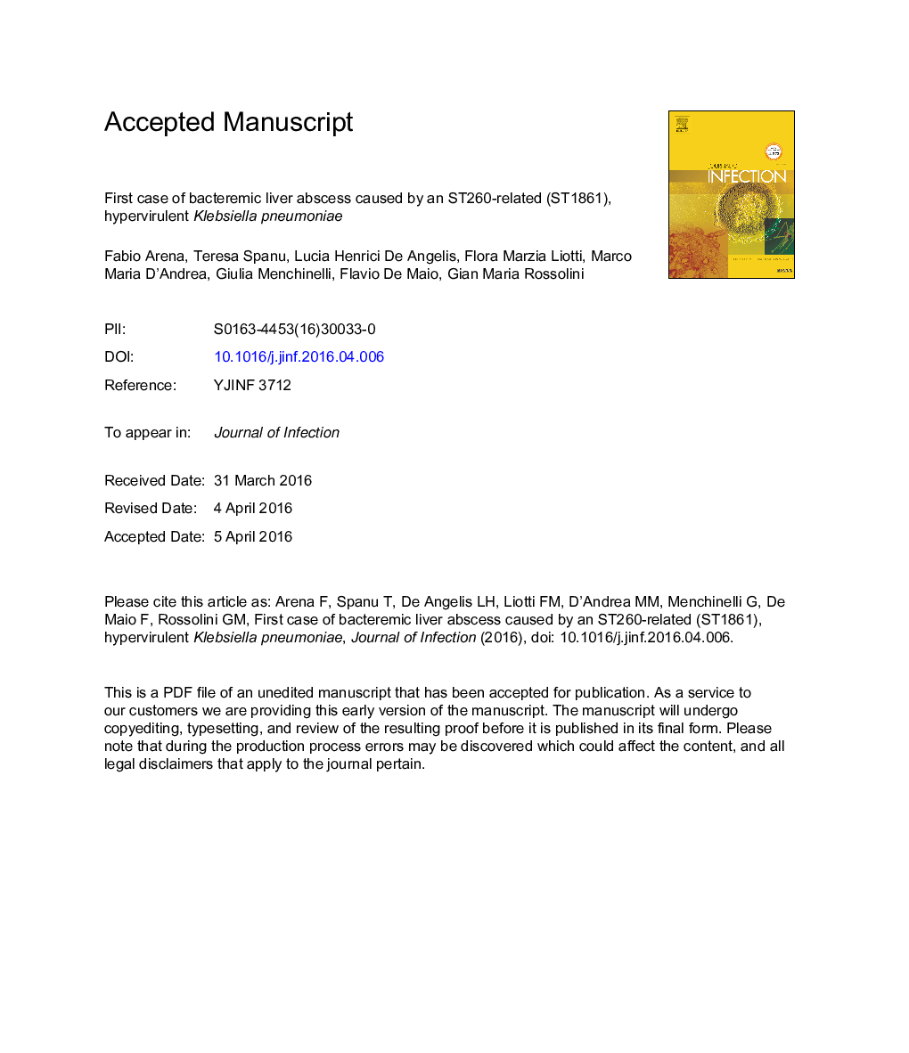 First case of bacteremic liver abscess caused by an ST260-related (ST1861), hypervirulent Klebsiella pneumoniae