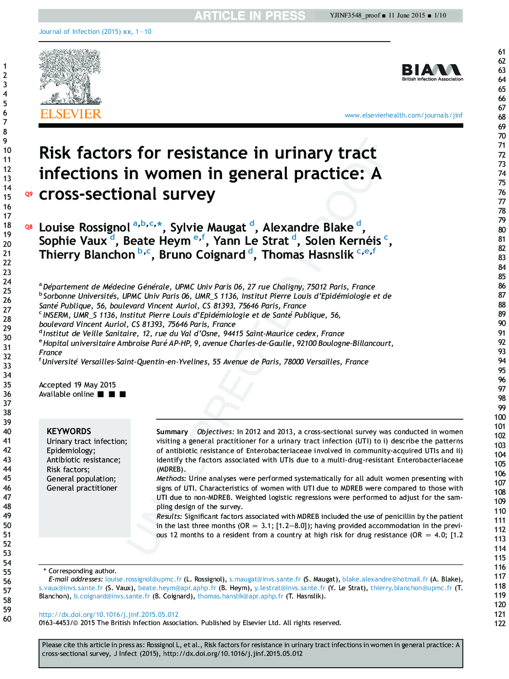 Risk factors for resistance in urinary tract infections in women in general practice: A cross-sectional survey