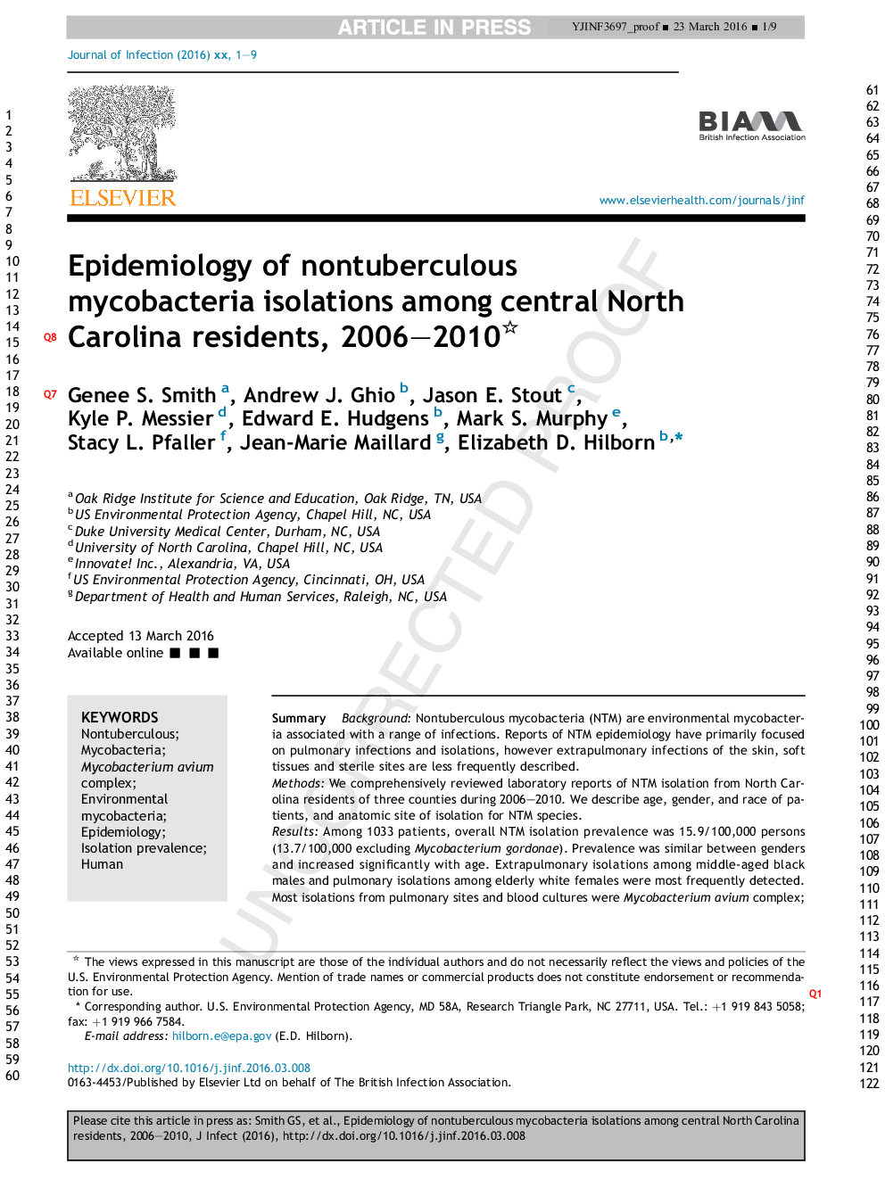 اپیدمیولوژی انزوای میکوباکتریوم غیر انتفاری در میان ساکنان مرکزی کارولینای شمالی، 2006-2010 
