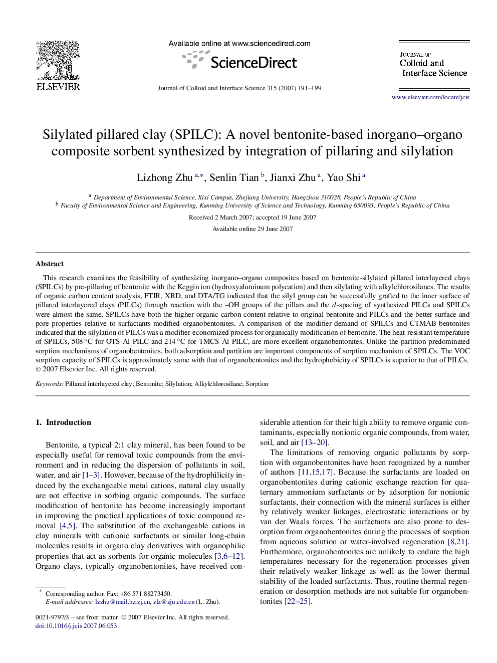 Silylated pillared clay (SPILC): A novel bentonite-based inorgano–organo composite sorbent synthesized by integration of pillaring and silylation