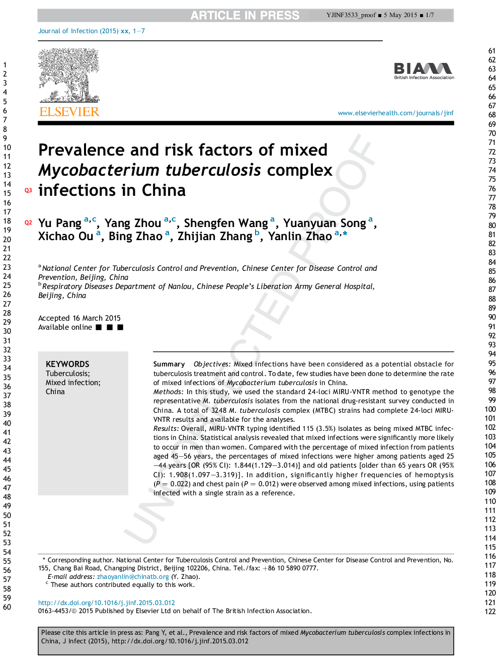 Prevalence and risk factors of mixed Mycobacterium tuberculosis complex infections in China