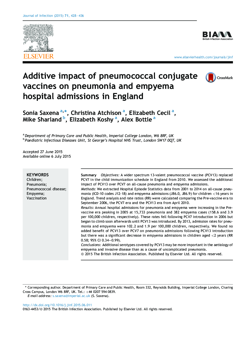 اثر افزایشی واکسن های پنوموکوک کوئینژاد بر پذیرش بیمار مبتلا به پنومونی و امپیتمی در انگلستان 