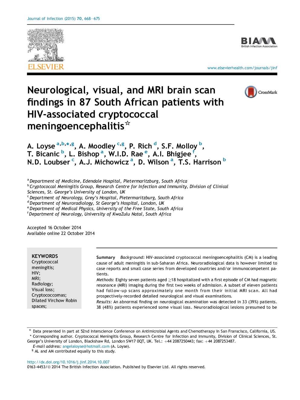 Neurological, visual, and MRI brain scan findings in 87 South African patients with HIV-associated cryptococcal meningoencephalitis