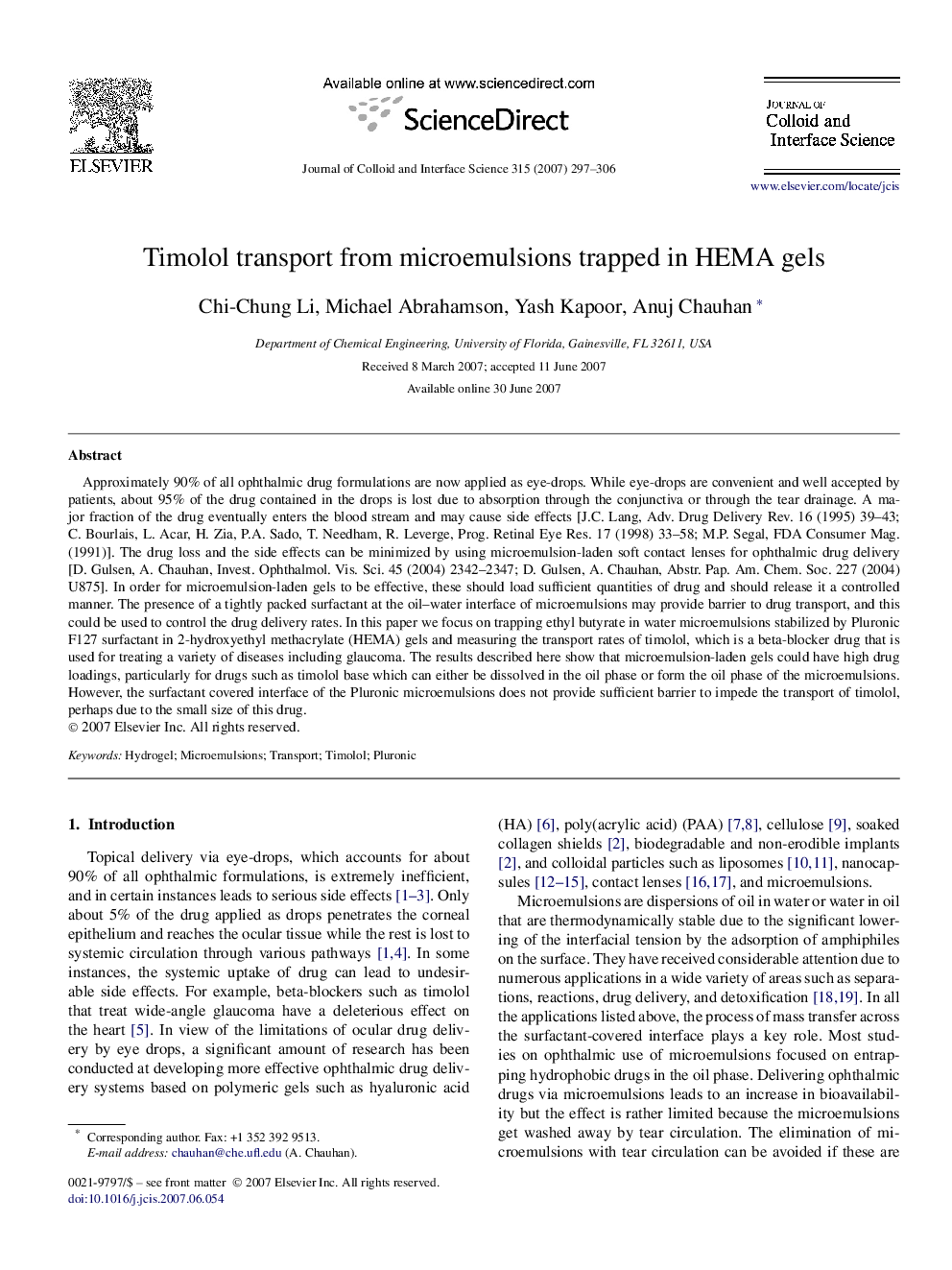 Timolol transport from microemulsions trapped in HEMA gels