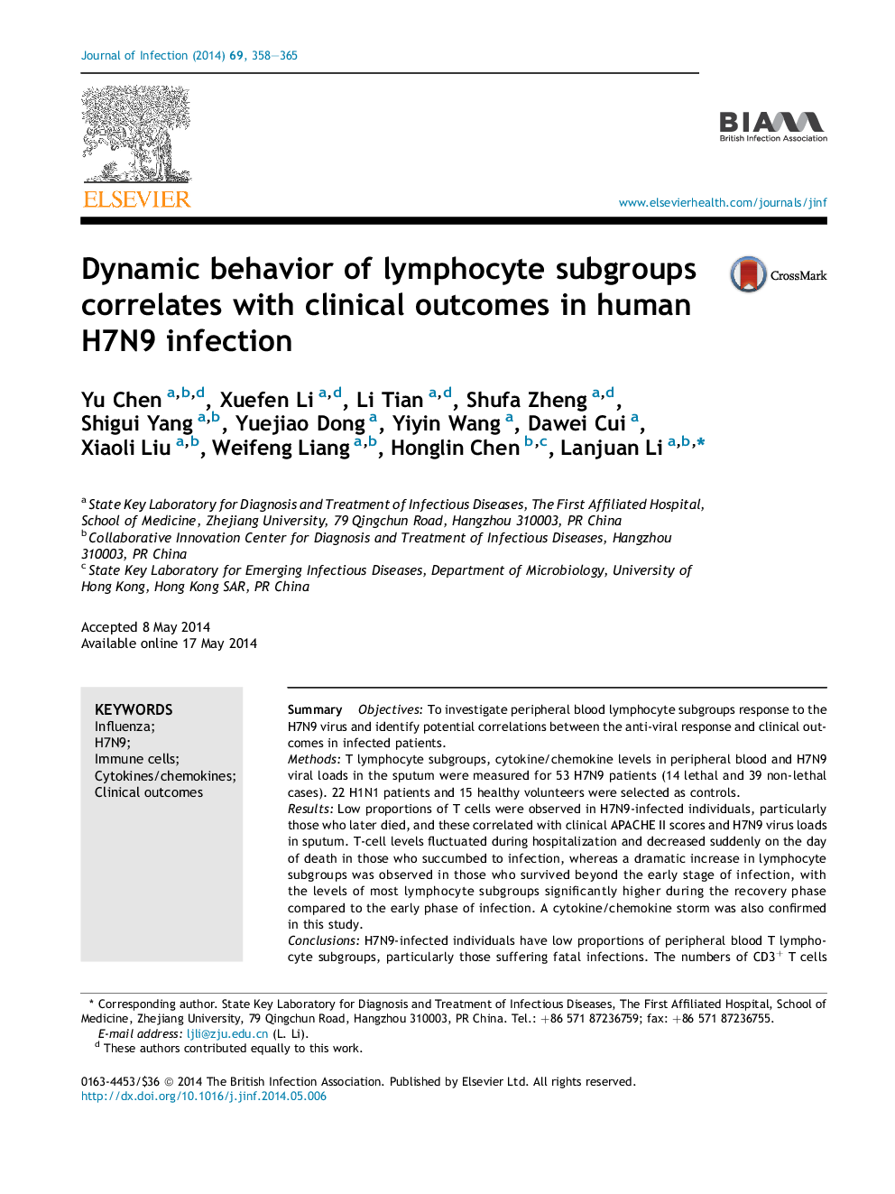 Dynamic behavior of lymphocyte subgroups correlates with clinical outcomes in human H7N9 infection