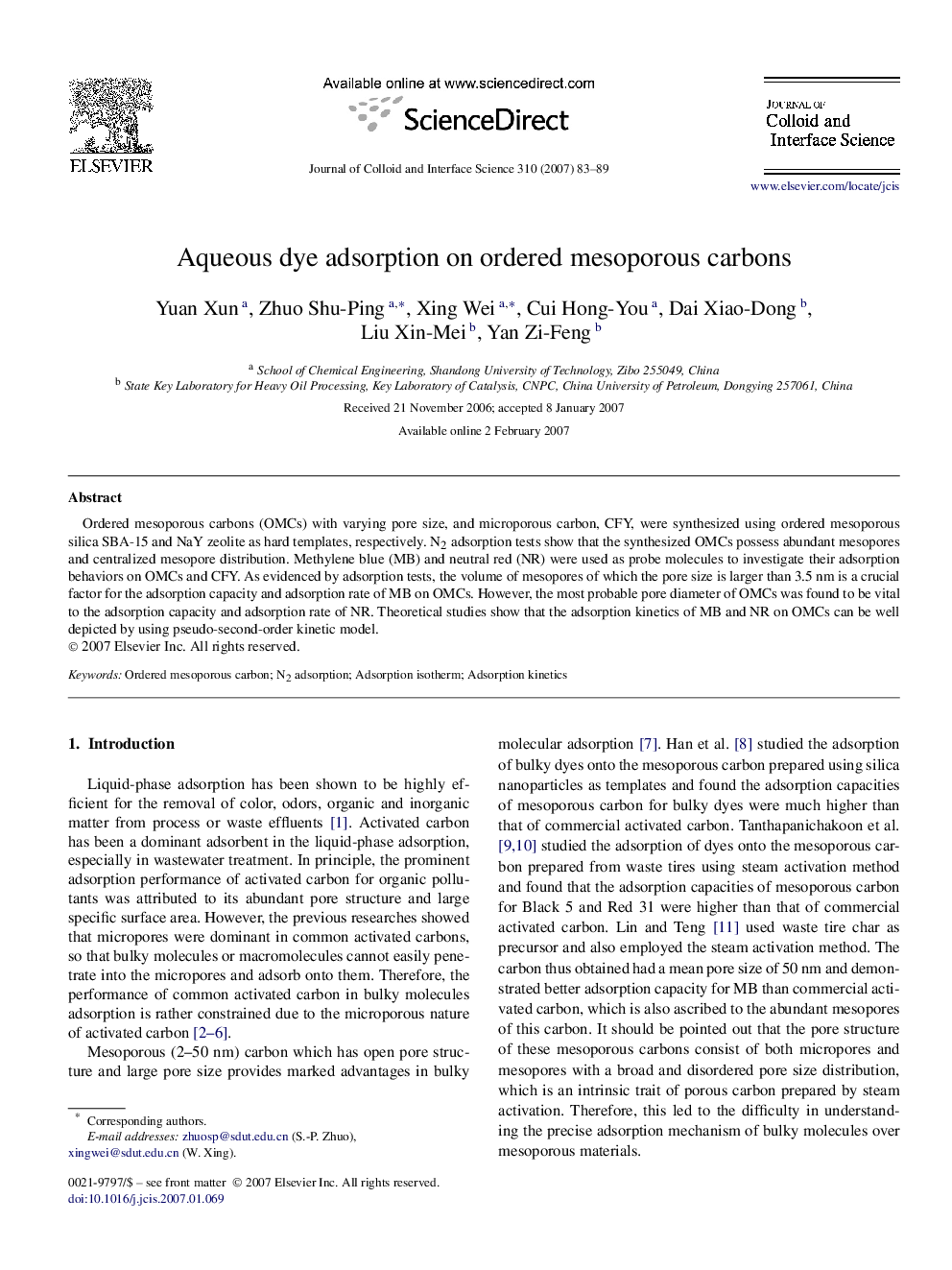 Aqueous dye adsorption on ordered mesoporous carbons