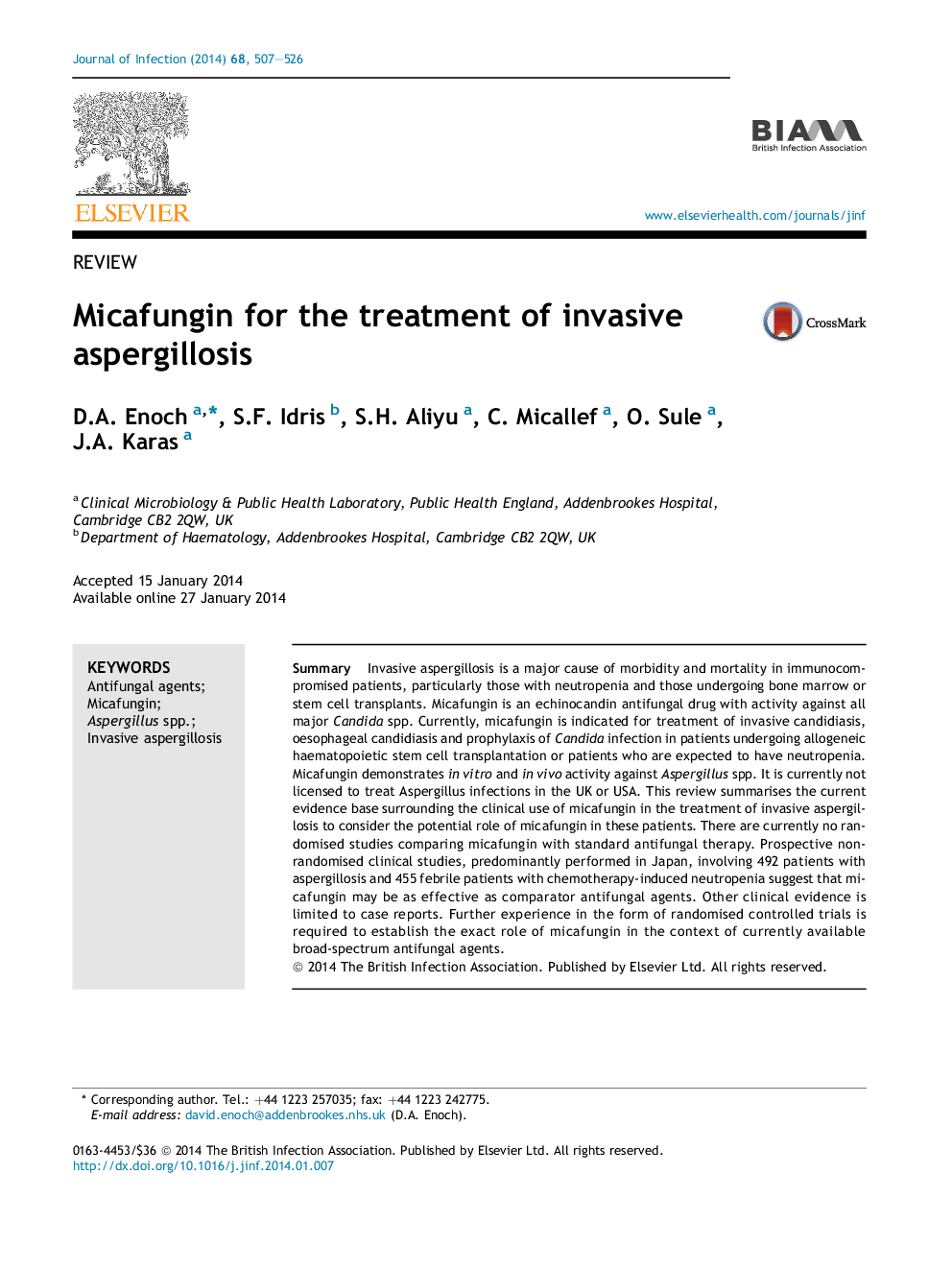 ReviewMicafungin for the treatment of invasive aspergillosis