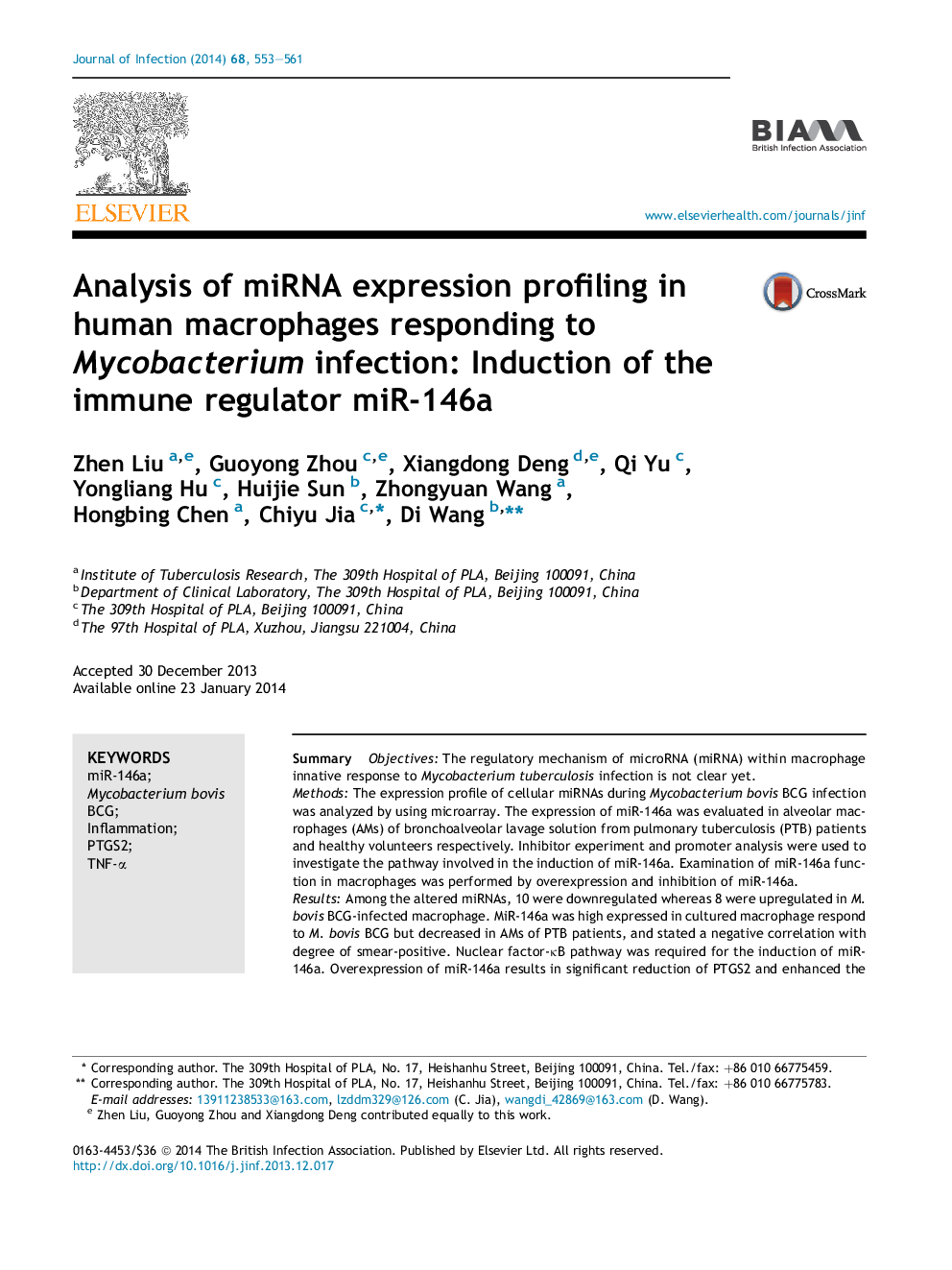 Analysis of miRNA expression profiling in human macrophages responding to Mycobacterium infection: Induction of the immune regulator miR-146a