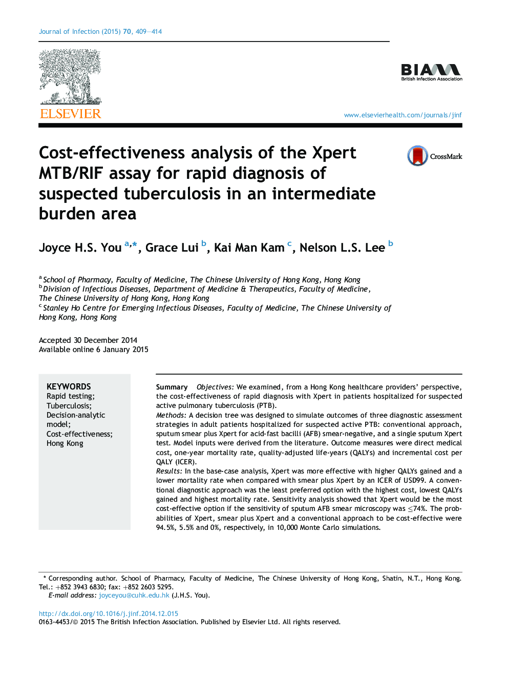 Cost-effectiveness analysis of the Xpert MTB/RIF assay for rapid diagnosis of suspected tuberculosis in an intermediate burden area