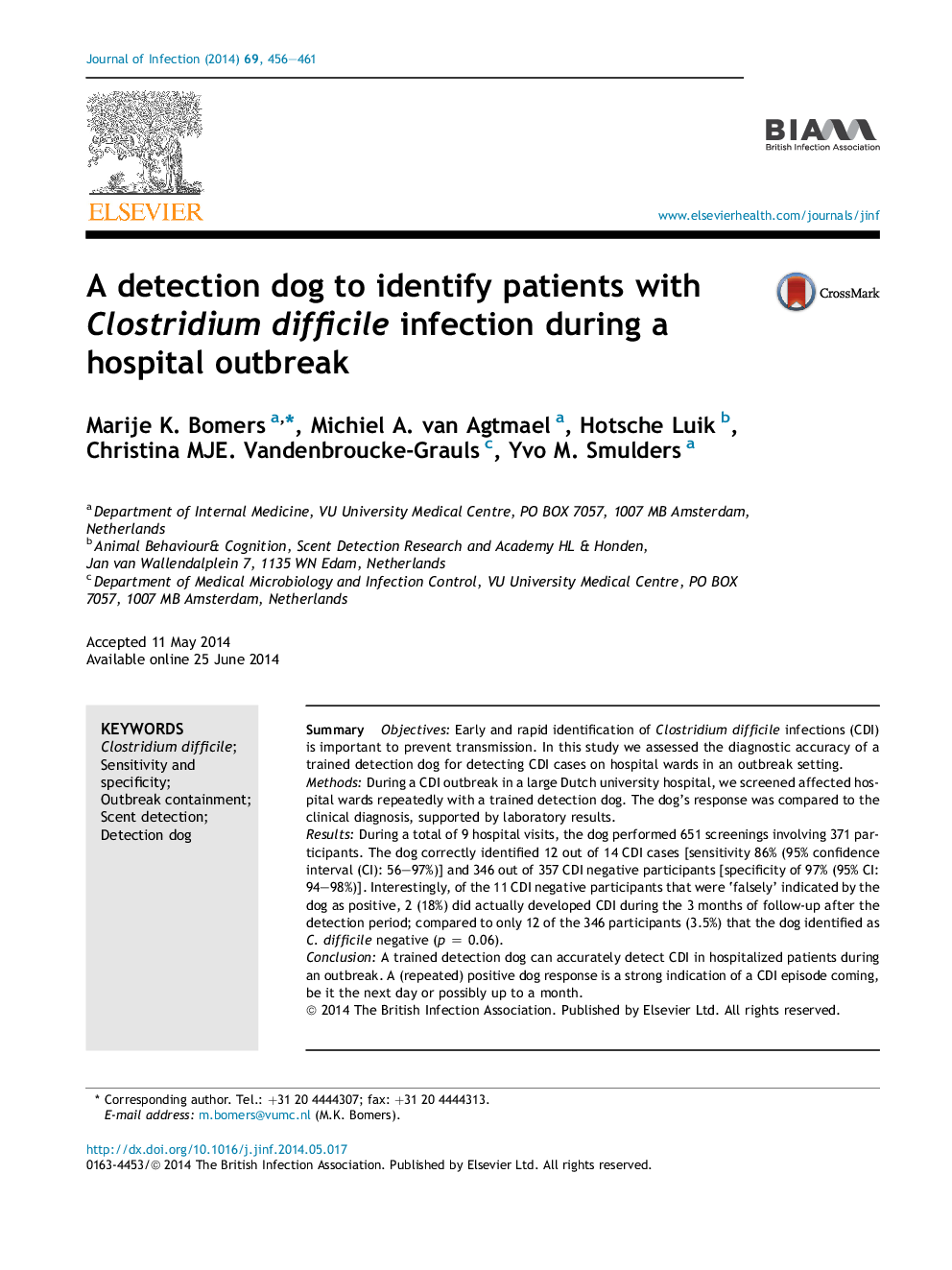 A detection dog to identify patients with Clostridium difficile infection during a hospital outbreak