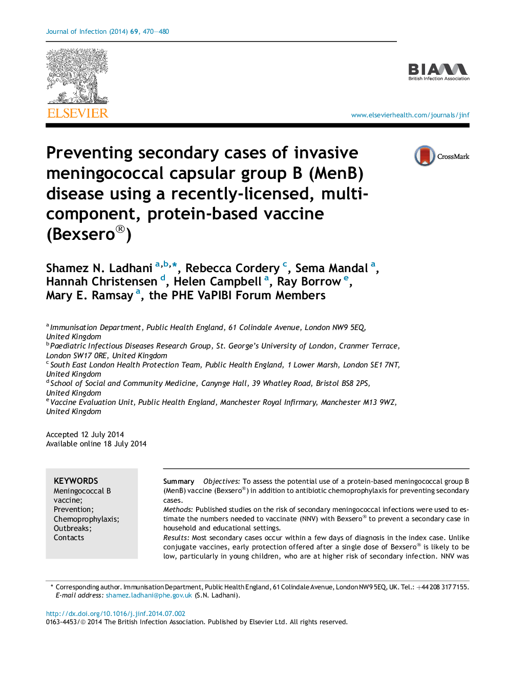 Preventing secondary cases of invasive meningococcal capsular group B (MenB) disease using a recently-licensed, multi-component, protein-based vaccine (Bexsero®)