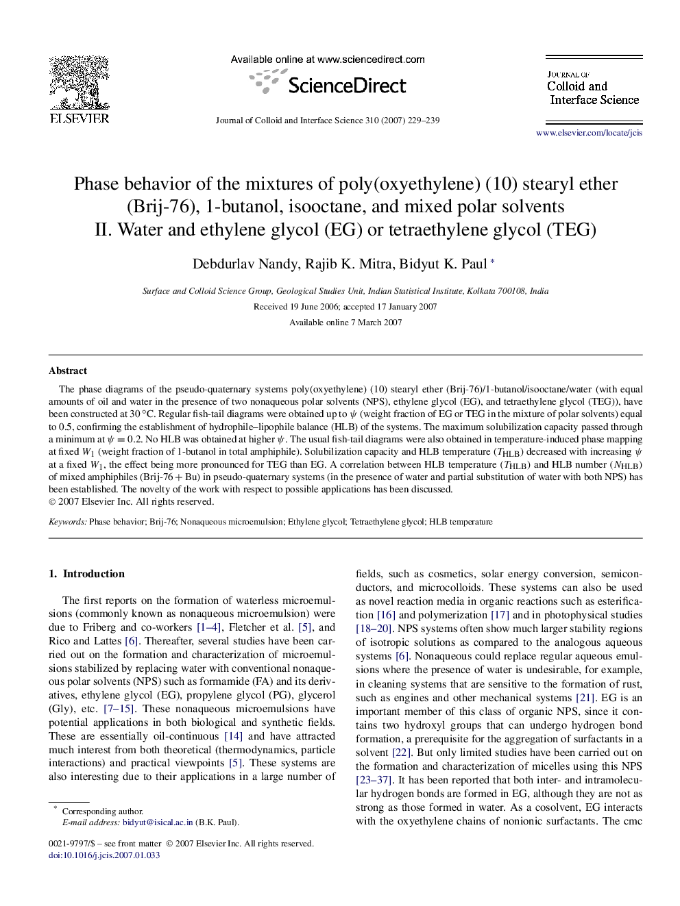 Phase behavior of the mixtures of poly(oxyethylene) (10) stearyl ether (Brij-76), 1-butanol, isooctane, and mixed polar solvents: II. Water and ethylene glycol (EG) or tetraethylene glycol (TEG)