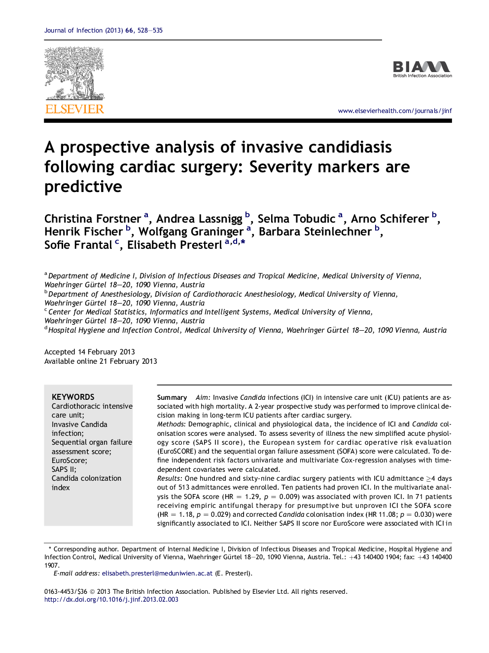 A prospective analysis of invasive candidiasis following cardiac surgery: Severity markers are predictive