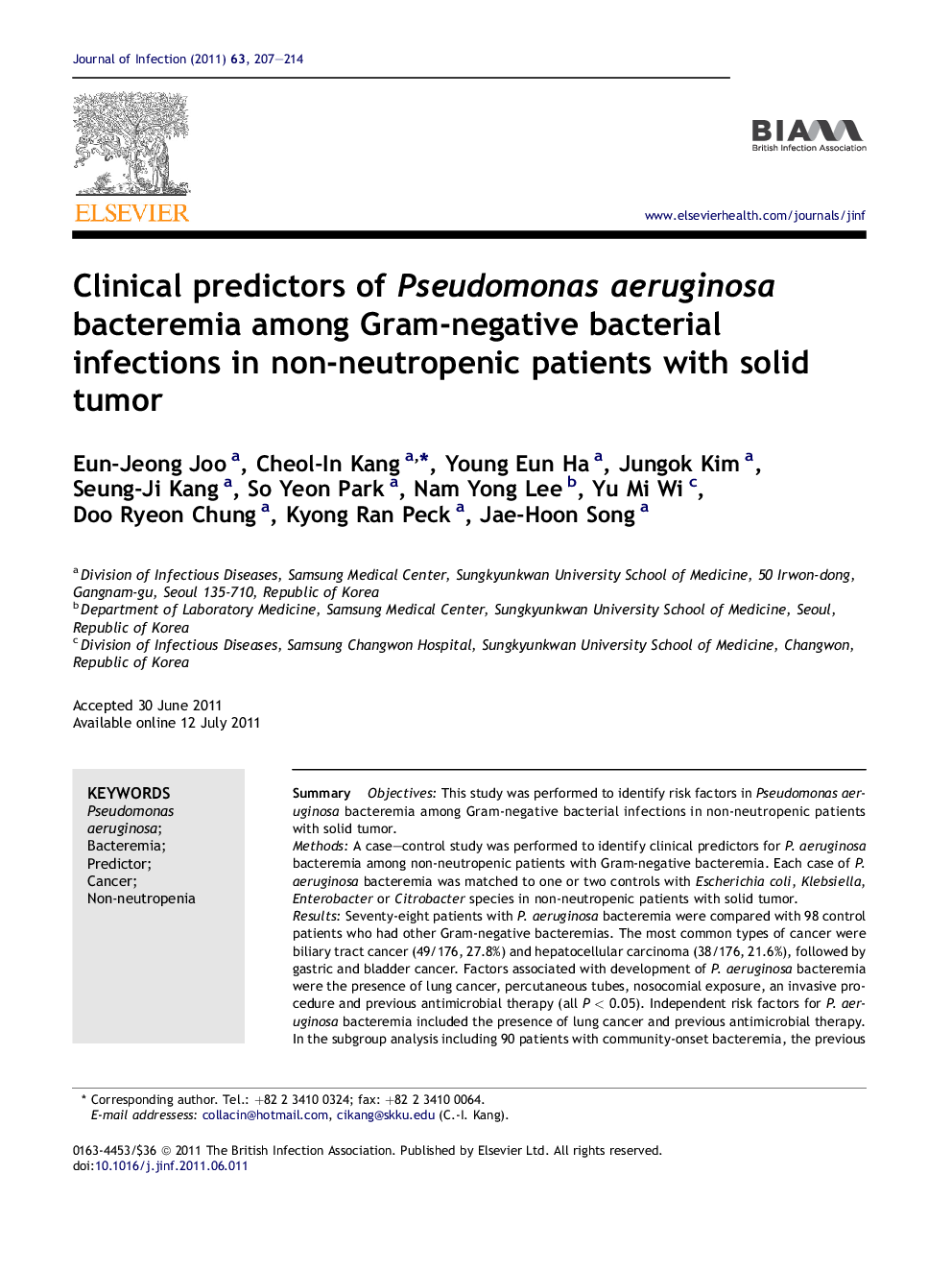 Clinical predictors of Pseudomonas aeruginosa bacteremia among Gram-negative bacterial infections in non-neutropenic patients with solid tumor