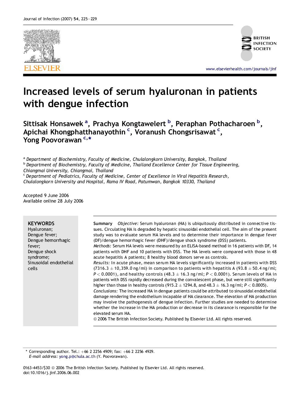 Increased levels of serum hyaluronan in patients with dengue infection