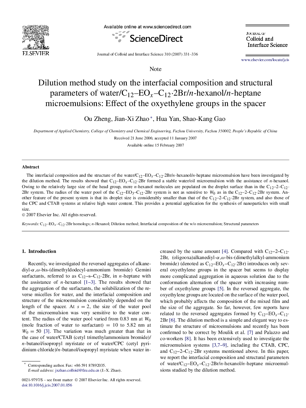 Dilution method study on the interfacial composition and structural parameters of water/C12–EOxEOx–C12⋅2Br/n-hexanol/n-heptane microemulsions: Effect of the oxyethylene groups in the spacer