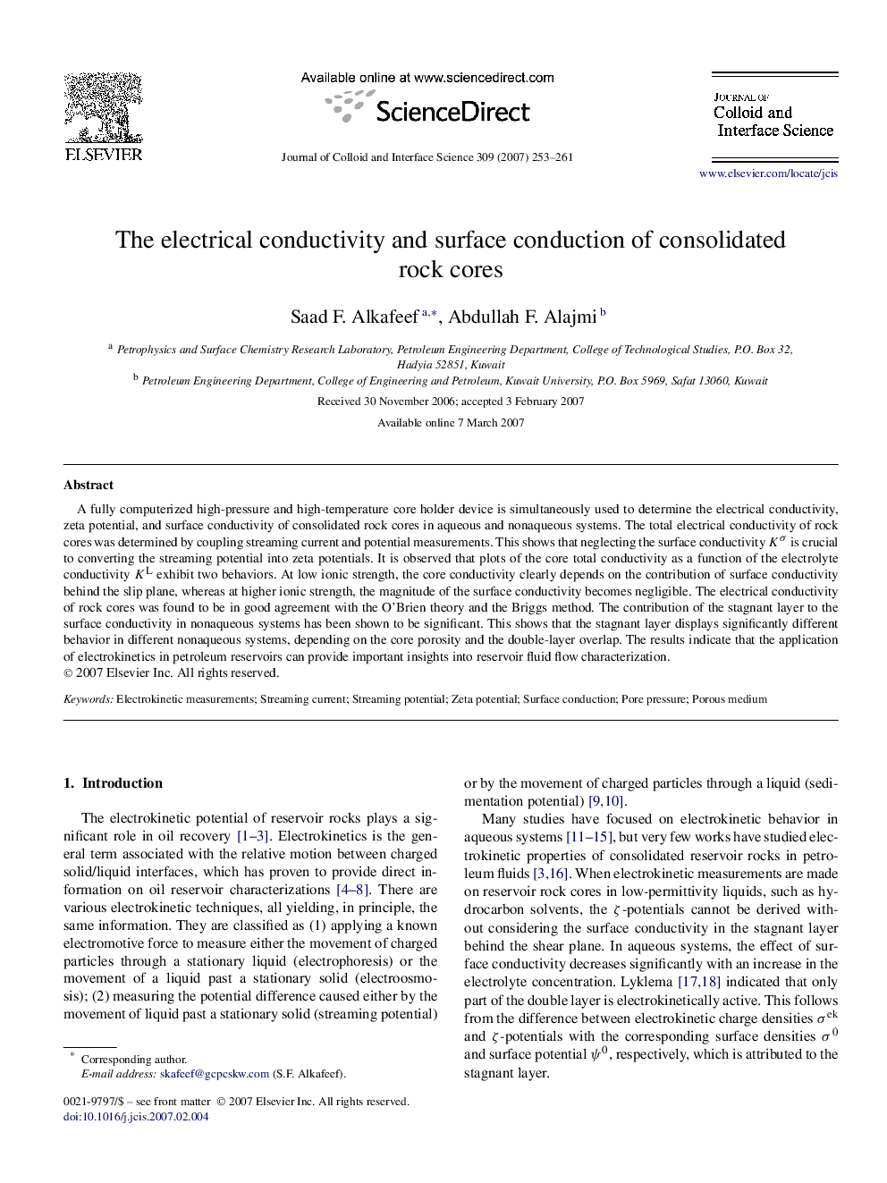 The electrical conductivity and surface conduction of consolidated rock cores