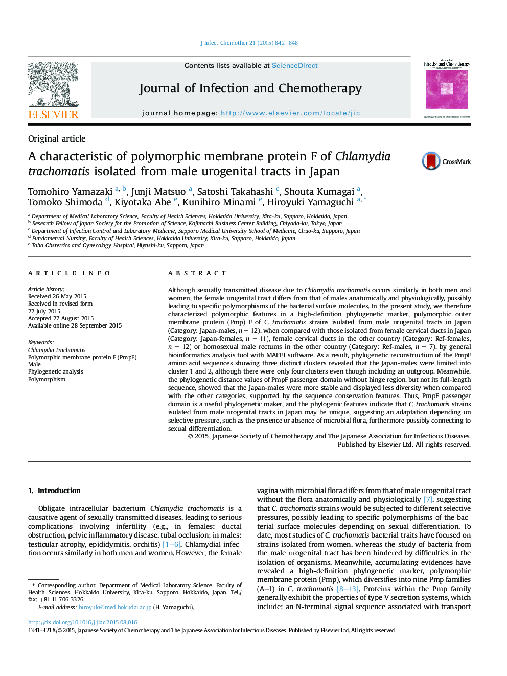 A characteristic of polymorphic membrane protein F of Chlamydia trachomatis isolated from male urogenital tracts in Japan