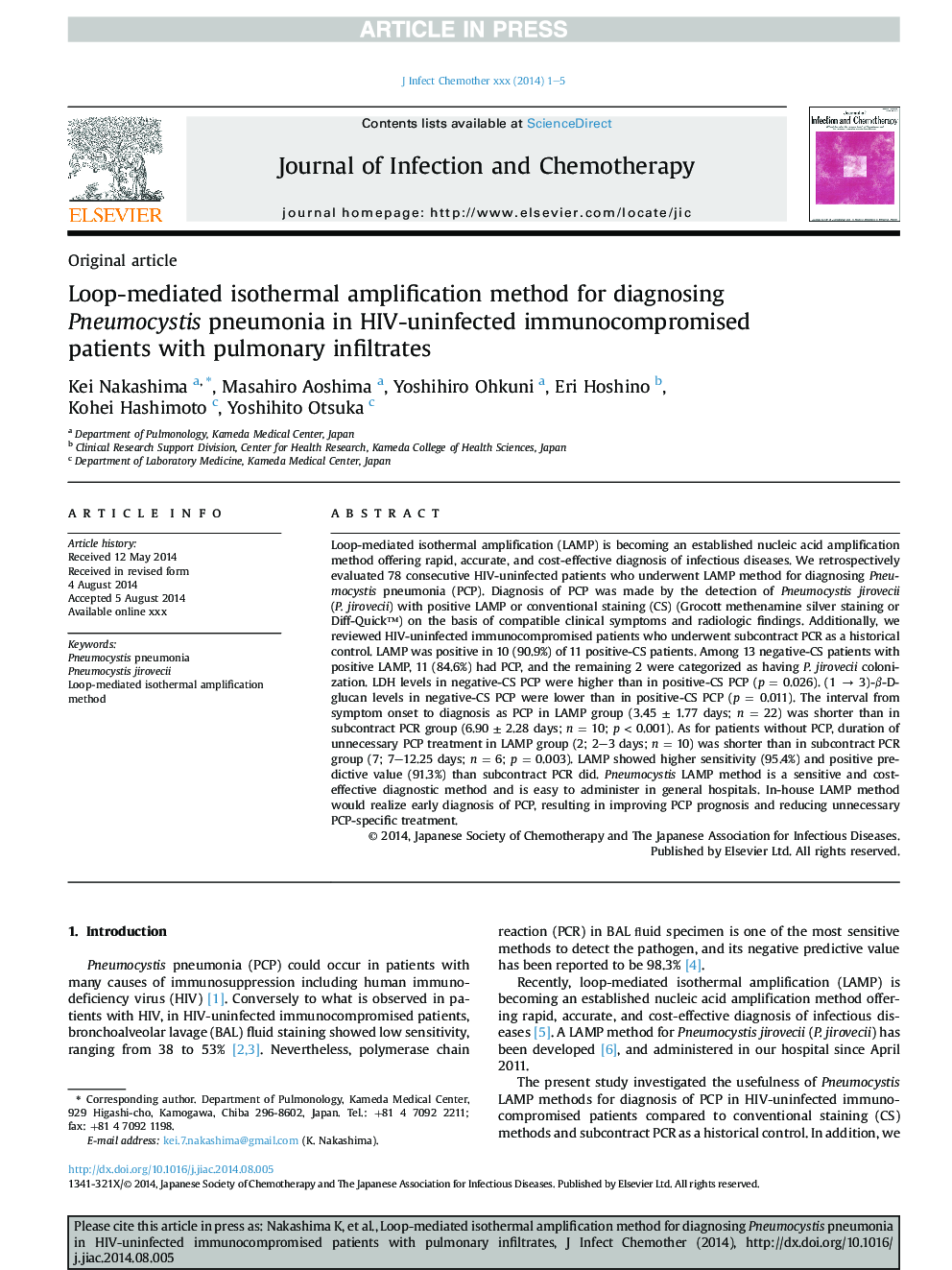 Loop-mediated isothermal amplification method for diagnosing Pneumocystis pneumonia in HIV-uninfected immunocompromised patients with pulmonary infiltrates