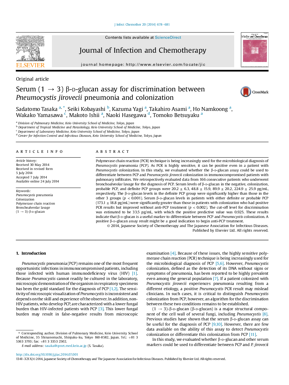 Serum (1Â âÂ 3) Î²-d-glucan assay for discrimination between Pneumocystis jirovecii pneumonia and colonization