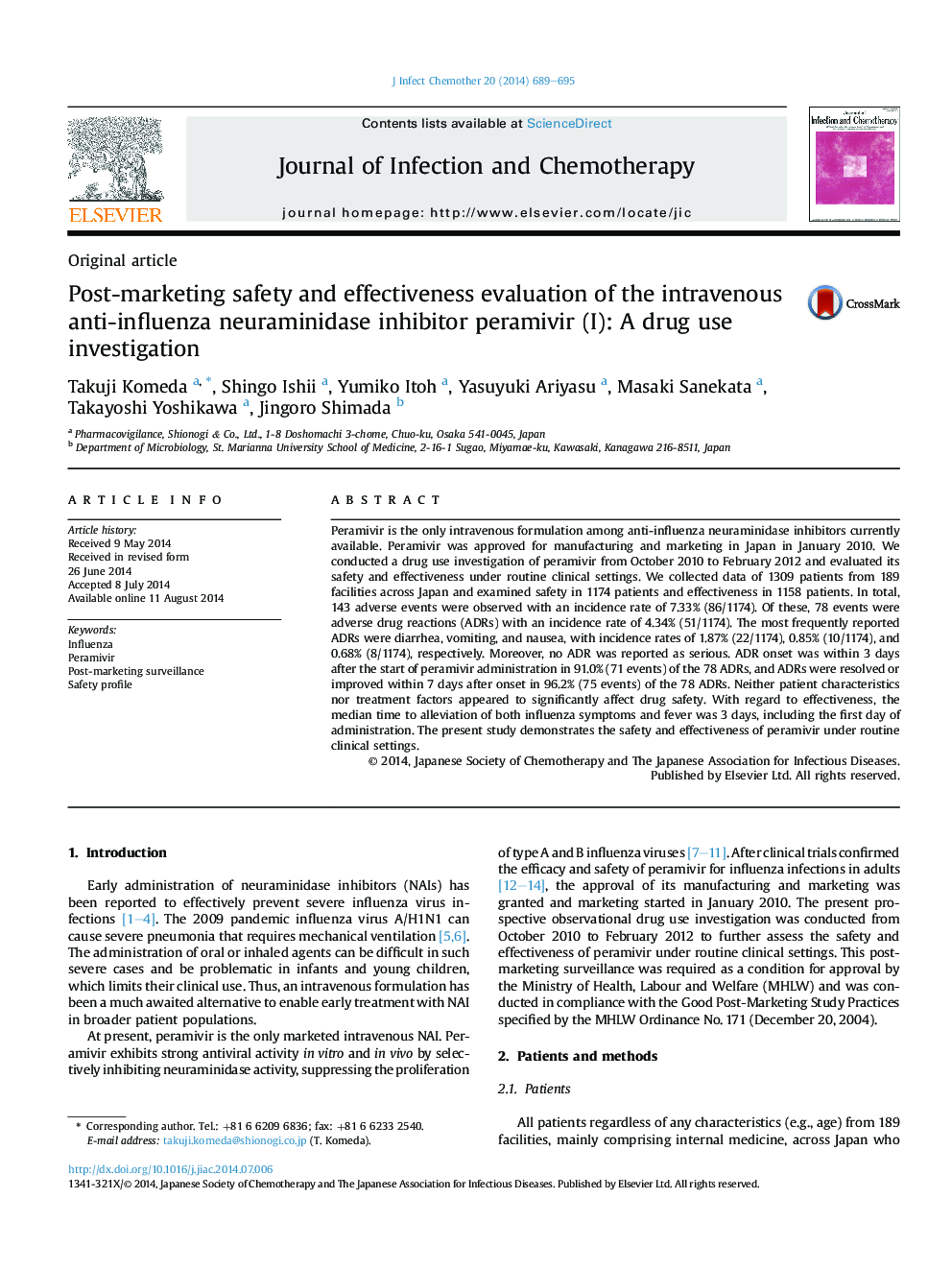 Post-marketing safety and effectiveness evaluation of the intravenous anti-influenza neuraminidase inhibitor peramivir (I): A drug use investigation