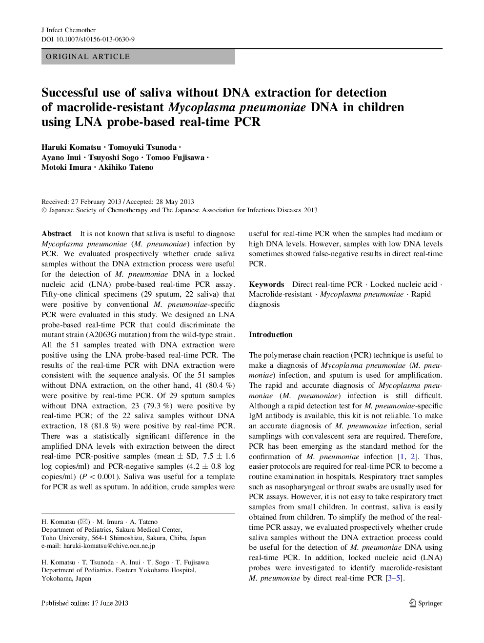 Successful use of saliva without DNA extraction for detection of macrolide-resistant Mycoplasma pneumoniae DNA in children using LNA probe-based real-time PCR