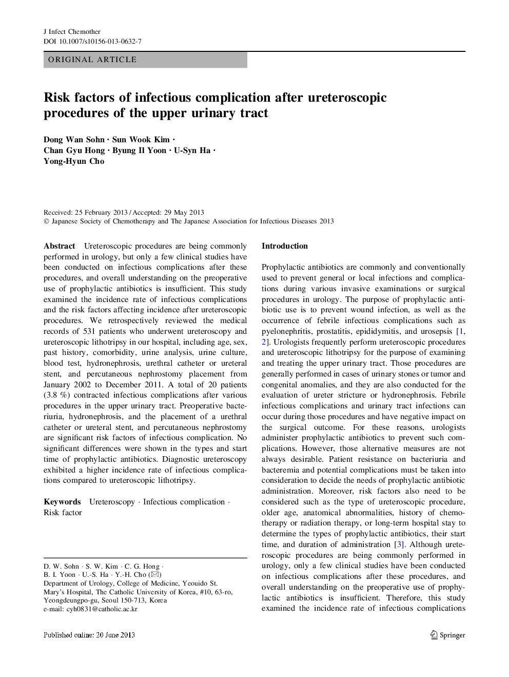 Risk factors of infectious complication after ureteroscopic procedures of the upper urinary tract