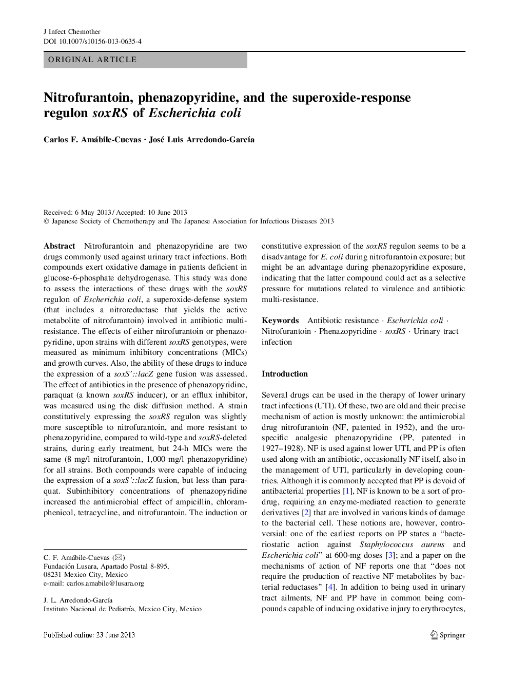 Nitrofurantoin, phenazopyridine, and the superoxide-response regulon soxRS of Escherichia coli