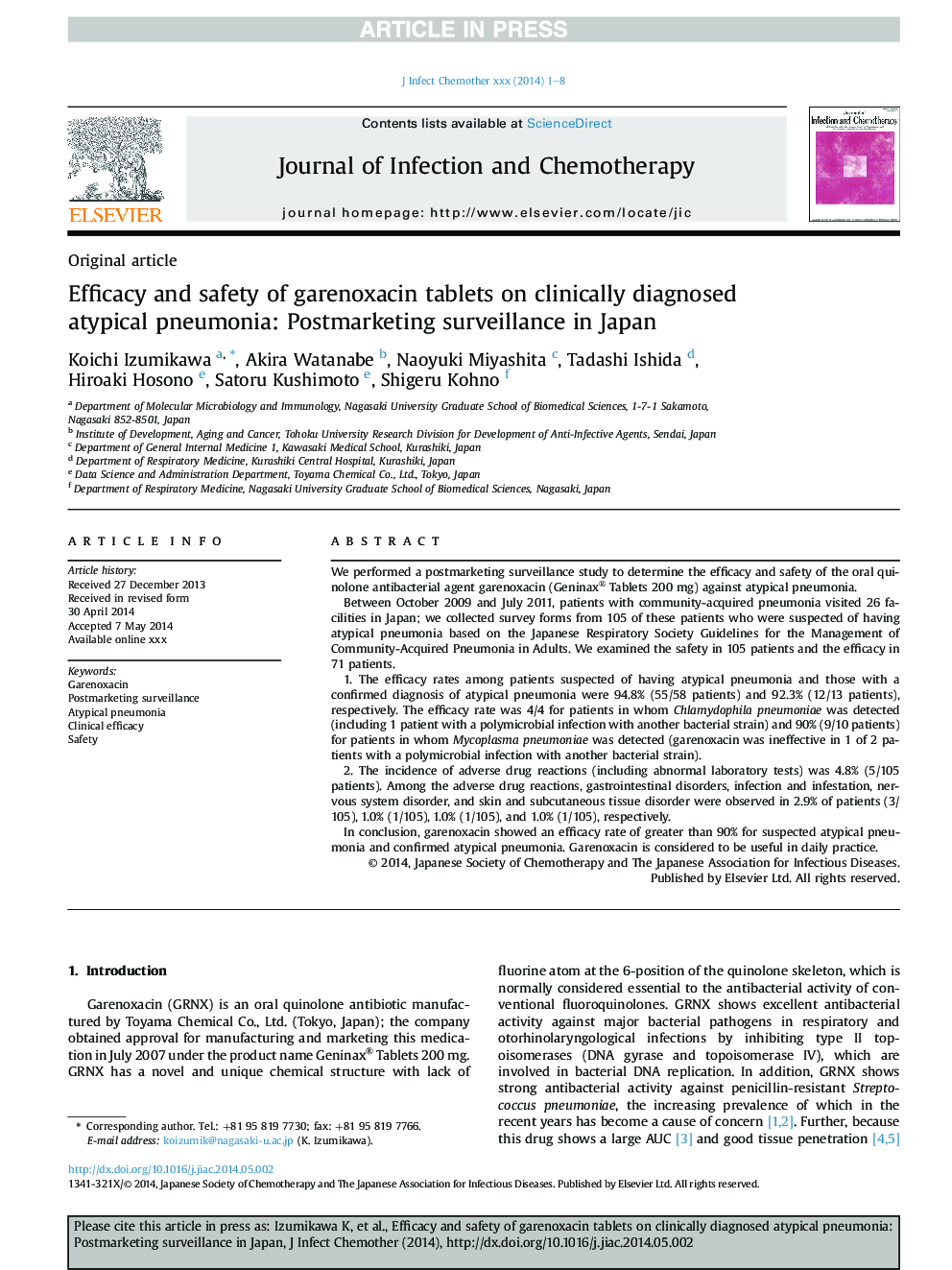 Efficacy and safety of garenoxacin tablets on clinically diagnosed atypical pneumonia: Postmarketing surveillance in Japan