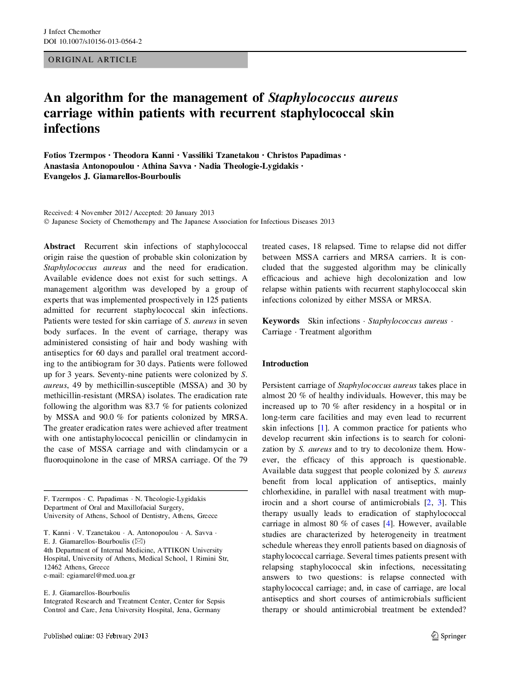 An algorithm for the management of Staphylococcus aureus carriage within patients with recurrent staphylococcal skin infections