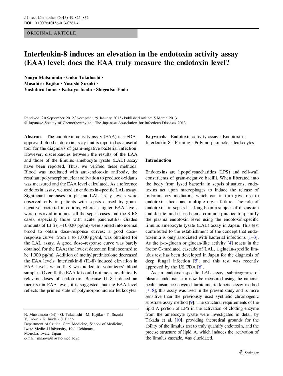 Interleukin-8 induces an elevation in the endotoxin activity assay (EAA) level: does the EAA truly measure the endotoxin level?