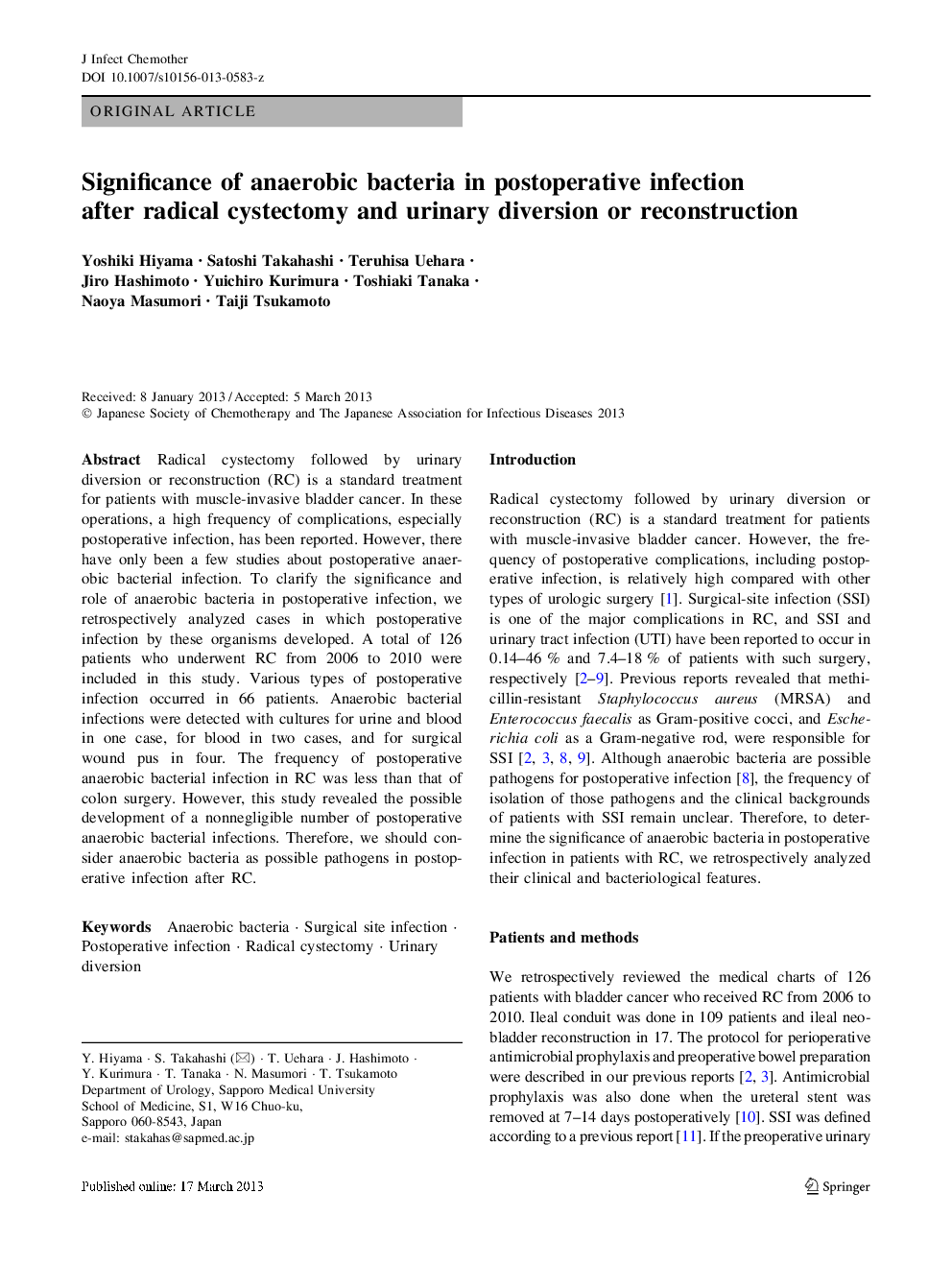 Significance of anaerobic bacteria in postoperative infection after radical cystectomy and urinary diversion or reconstruction