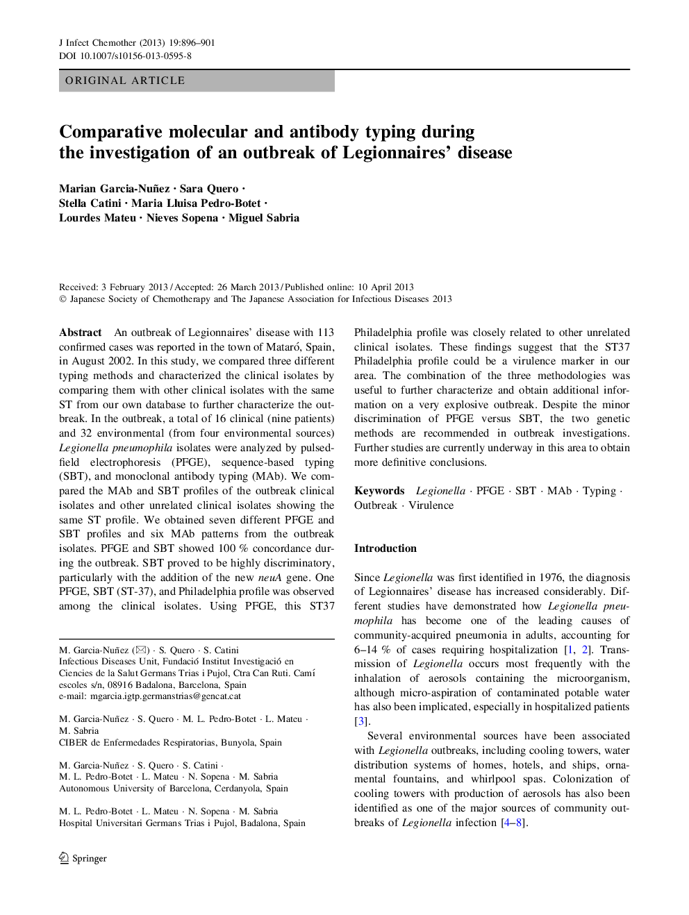 Comparative molecular and antibody typing during the investigation of an outbreak of Legionnaires' disease