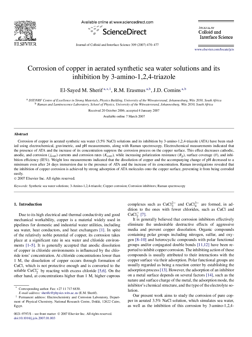 Corrosion of copper in aerated synthetic sea water solutions and its inhibition by 3-amino-1,2,4-triazole